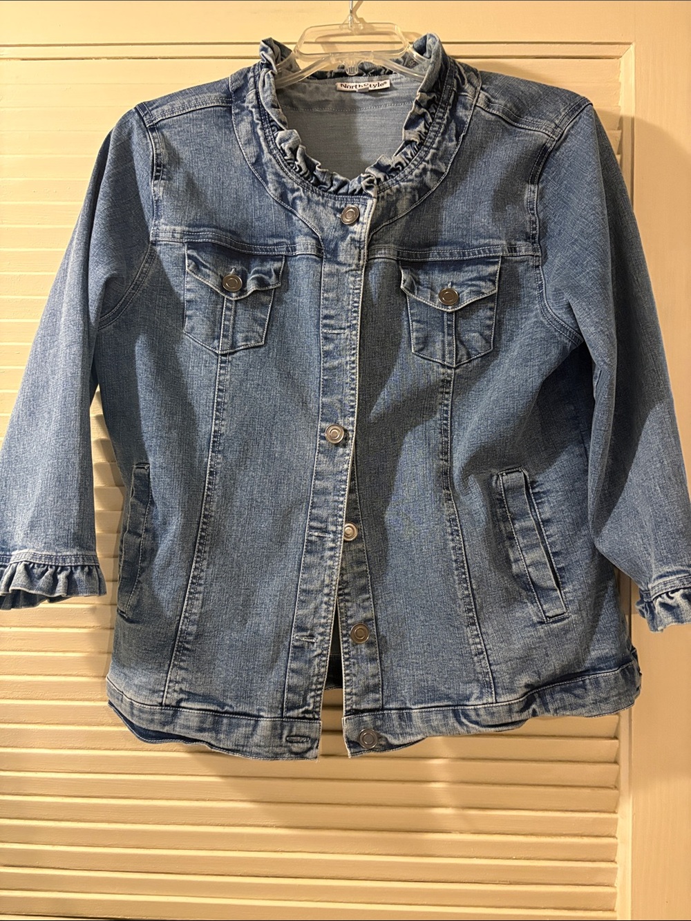 P705. NorthStyle Light Blue Ruffle-Trim Denim Jacket for Women